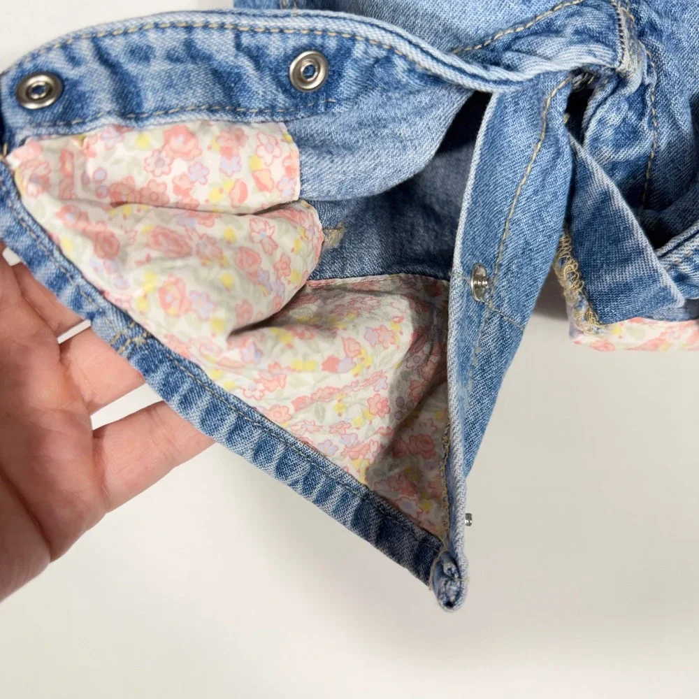 OshKosh Bgosh Baby Girl Floral Denim Overalls 3M Pink Blue Vestbank Bib RARE HTF